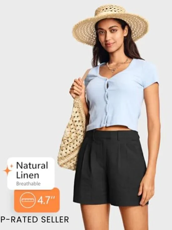 Linen-Blend Pleated Shorts Relaxed Fit Elastic Waist Elegant Business Casual - Picture 3 of 7